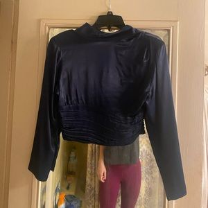 Zara Silk High Neck Blouse in Dark Navy blue